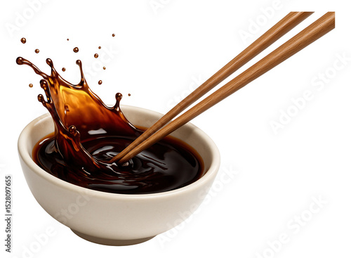 Wooden chopsticks cause a splash in a bowl filled with dark soy sauce, creating dynamic liquid motion on transparent background.