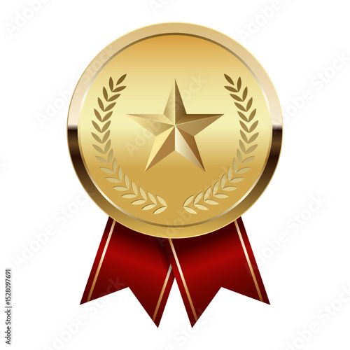 Golden award medal with red ribbons and star for sport and games