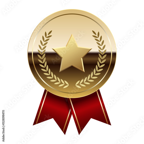 Golden glossy mirror medal with red ribbons and star for sport and games