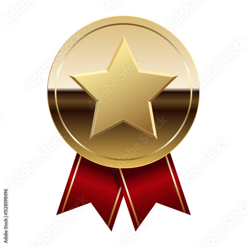 Golden glossy mirror medal with red ribbons and star for sport and games