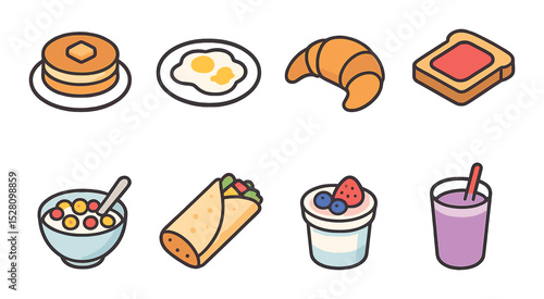 Breakfast Foods Concept isometric set. Pancakes, scrambled eggs, croissant, toast with jam, cereal bowl, breakfast burrito, yogurt with fruit, smoothie