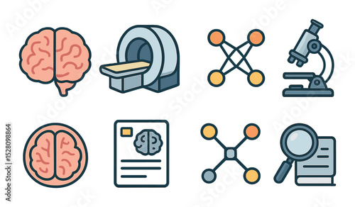 Neuroscience Tools Concept isometric set. Brain diagram, MRI machine, neural network, scientific microscope, brain slice, lab report, neurotransmitter