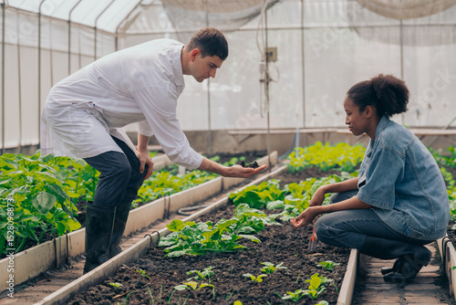 Teachers and students test and research soil for agriculture, farming, and cultivation in greenhouses.