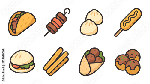 Street Food Concept isometric set. Tacos, kebab skewer, dumplings, corn dog, bao bun, churros, falafel wrap, takoyaki balls