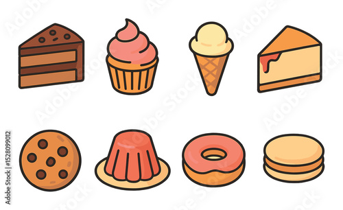 Desserts Concept isometric set. Chocolate cake, cupcake, ice cream cone, cheesecake slice, cookie, jelly dessert, donut, macaron