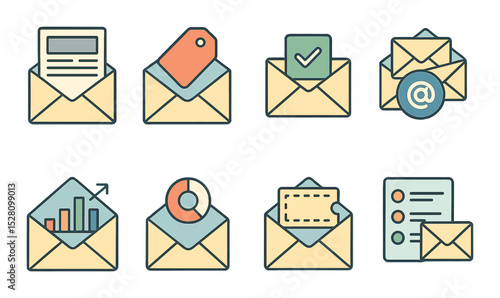 Marketing email visuals isometric set. newsletter layout, promo tag in mail, subscribe envelope, bulk email icon, mail campaign chart, open rate icon, mail