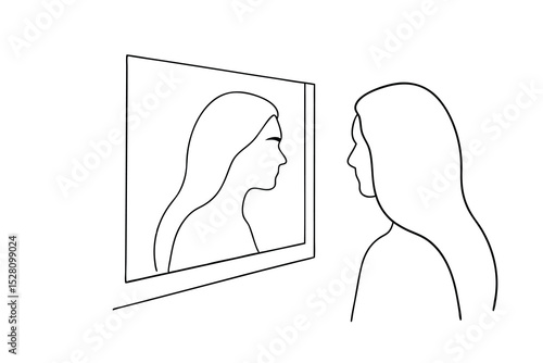 Woman looking at her reflection in a mirror line drawing