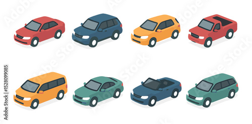 Vehicle types isometric set. sedan, SUV, hatchback, pickup truck, minivan, coupe, convertible, station wagon