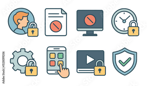 Parental Control Concept isometric set. Child profile with lock, restricted content icon, blocked screen, time lock icon, settings with padlock, app