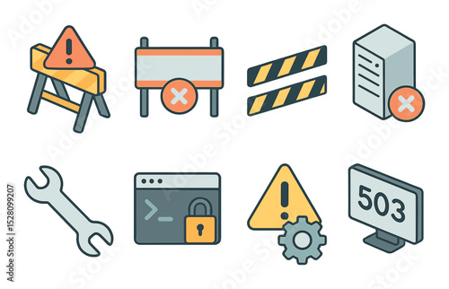 Maintenance Closure Concept isometric set. Under construction sign, site closed banner, caution tape, server offline, repair wrench icon, closed terminal.