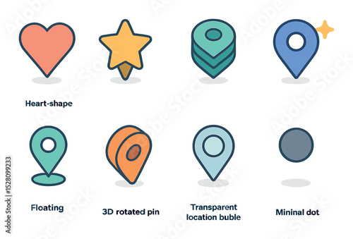 Creative and abstract pins isometric set. heart-shaped pin, star location icon, layered pin stack, pin with sparkle, floating pin icon, 3D rotated pin.