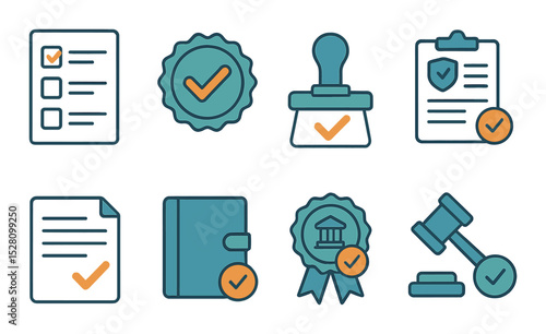 Compliance Audit Concept isometric set. Audit checklist, regulatory checkmark, compliance stamp, safety report approved, reviewed document, policy