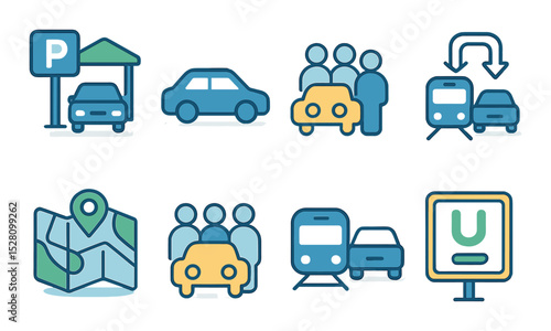 Park-and-ride areas isometric set. transit stop near parking, car with bus icon, commuter shuttle symbol, reserved rideshare spot, park zone map, group