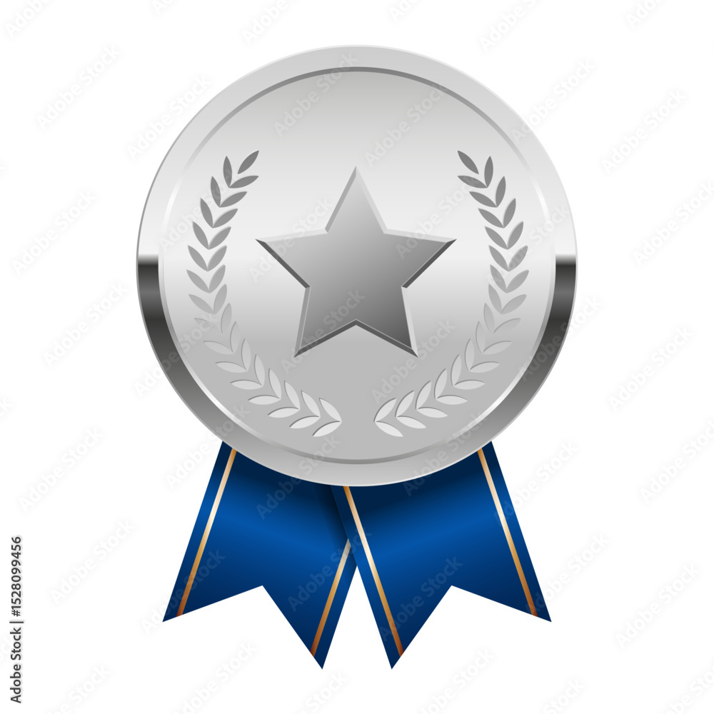 Silver award medal with blue ribbons and star for sport and games Silver award medal with blue ribbons and star for sport and games