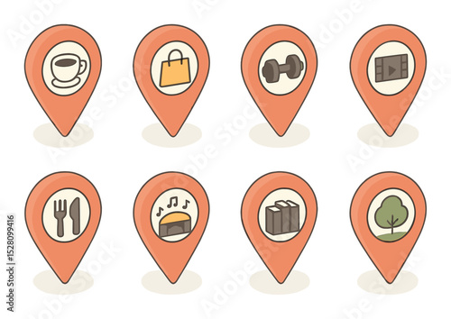 Pin with activities isometric set. cafe pin icon, shopping bag location, gym with pin, movie location, pin with fork and knife, concert venue icon, library