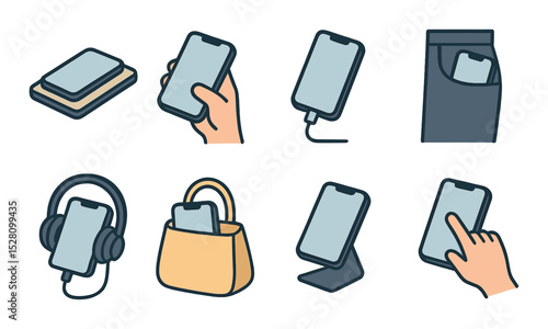 Phone usage scenarios isometric set. phone on desk, phone in hand, phone on charger, phone in pocket, phone with headphones, phone in bag, phone on stand.