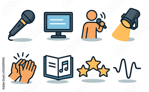 Karaoke and singing isometric set. karaoke mic, lyrics screen, person singing, stage spotlight, applause icon, songbook, rating stars, pitch wave