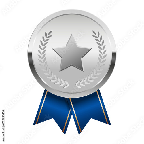 Silver award medal with blue ribbons and star for sport and games