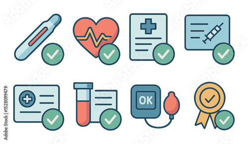 Health Check Concept isometric set. Thermometer verified, heart rate approved, medical report with tick, vaccine card check, health record validated, test