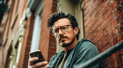 Thoughtful Man with Wire-Rimmed Glasses Looking at Phone Against a Brick Wall