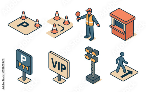 Event parking visuals isometric set. temporary lot icon, cone-lined path, event staff directing traffic, ticket booth at entry, festival parking sign, VIP