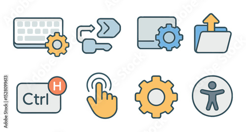 Shortcut and access settings isometric set. keyboard with shortcut gear, key remap icon, touchpad settings, quick access icon, hotkey badge, gestures