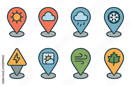 Weather and location isometric set. pin with sun, pin with cloud, rainy location icon, snowflake map marker, storm warning pin, weather forecast pin, wind