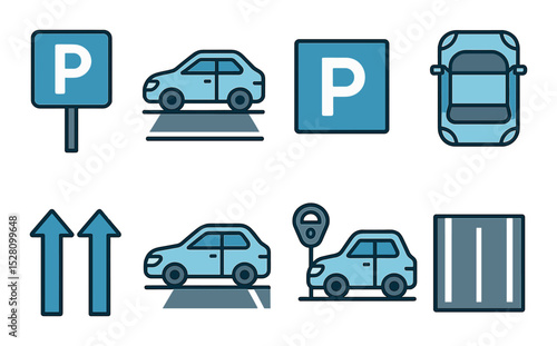 Parking area icons isometric set. parking sign, car in parking space, marked parking spot, overhead parking view, parking arrows, street parking icon, car