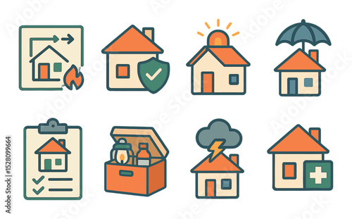 Emergency and safety houses isometric set. fire escape plan, house with shield, alarm light on roof, home insurance icon, safety checklist, emergency