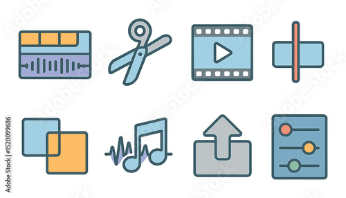 Video Editing Concept isometric set. Timeline editor, cut tool, video clip icon, playhead, transition effect, audio sync, export button, color grading