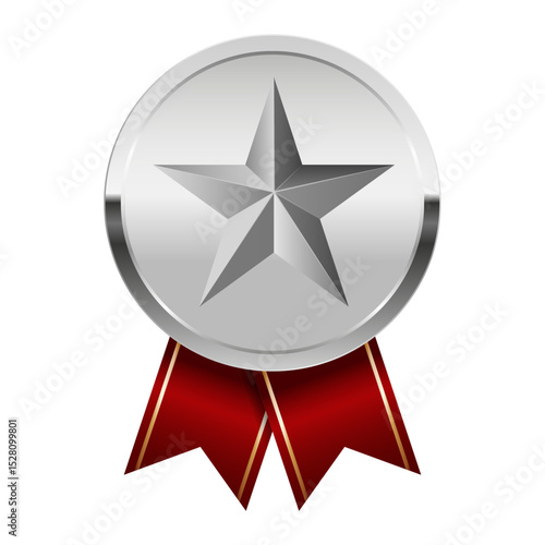 Silver award medal with red ribbons and star for sport and games