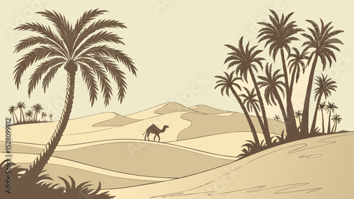 Desert oasis illusion: Pixel-art jungle floating above sand dunes. 16-bit style palm trees (limited 8 colors). Holographic glitch effects. Flat beige desert foreground. Digital mirage concept