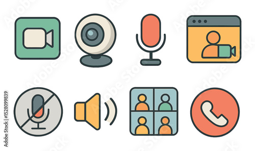 Video Communication Concept isometric set. Video call icon, webcam, microphone, video chat window, mute button, speaker icon, participant tiles, end call