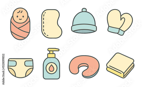 Newborn Care Concept isometric set. Swaddle wrap, burp cloth, newborn cap, sleep mittens, tiny diaper, gentle cleanser, feeding pillow, newborn blanket