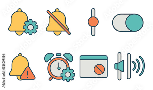 Notification control icons isometric set. bell with cog, mute alert icon, notification slider, do not disturb toggle, priority alert, alarm clock settings.