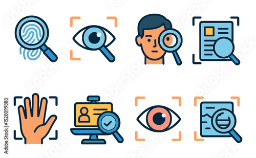 Biometric Zoom Concept isometric set. Fingerprint zoom, iris scanner magnifier, facial detail scan, biometric data lens, palm scan close-up, identity check