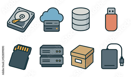 Data Storage Concept isometric set. Hard drive, cloud server, database cylinder, USB flash drive, SD card, RAID system, data archive box, external SSD