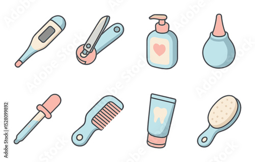 Baby Healthcare Concept isometric set. Digital thermometer, baby nail clippers, baby lotion, nasal aspirator, medicine dropper, baby comb, teething gel.