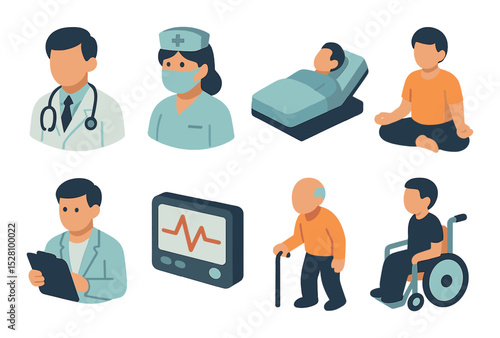 Healthcare and wellness isometric set. doctor avatar, nurse with mask, patient lying down, person meditating, therapist with clipboard, heartbeat monitor.