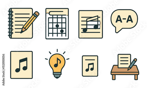 Songwriting and composition isometric set. notebook with lyrics, pencil and staff lines, chord chart, melody sketch, rhyme idea bubble, song title page.