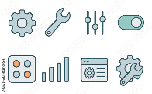 Settings and configuration icons isometric set. gear, wrench, sliders, toggle switch, control panel, equalizer bars, preferences window, cog with wrench