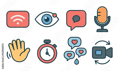 Live stream visuals isometric set. go live icon, viewer count eye, live chat bubble, stream mic, wave hand icon, stream timer, comment heart rain, camera