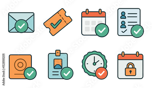 Event Confirmation Concept isometric set. RSVP check, ticket approved, calendar event confirmed, guest list tick, invitation accepted, entry pass valid.