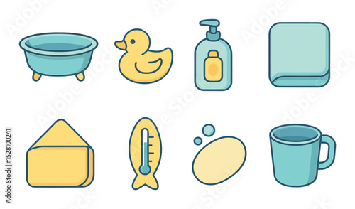 Baby Bath Time Concept isometric set. Baby bathtub, rubber duck, shampoo bottle, washcloth, baby towel, bath thermometer, gentle soap, rinse cup