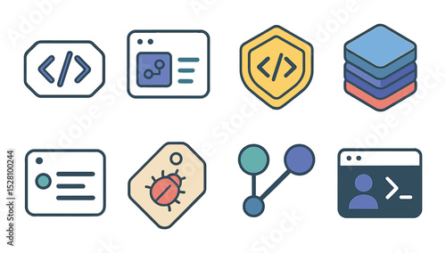 Developer Profile Concept isometric set. Code tag icon, repository card, programming badge, tech stack icons, commit log, bug report tag, merge request.