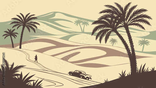 Desert oasis illusion: Pixel-art jungle floating above sand dunes. 16-bit style palm trees (limited 8 colors). Holographic glitch effects. Flat beige desert foreground. Digital mirage concept