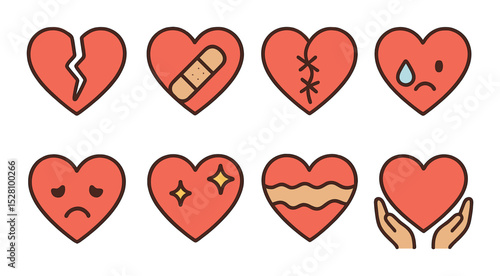 Broken and healing hearts isometric set. cracked heart, bandage on heart, stitched heart, tear drop with heart, sad face and heart, healing sparkle heart.