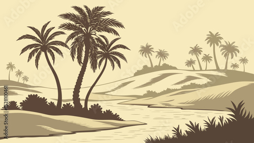 Desert oasis illusion: Pixel-art jungle floating above sand dunes. 16-bit style palm trees (limited 8 colors). Holographic glitch effects. Flat beige desert foreground. Digital mirage concept