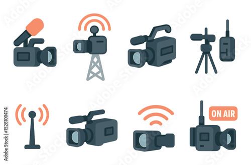 Broadcast Camera Concept isometric set. News cam with mic, broadcast tower with cam, shoulder camera, field reporter setup, antenna feed, live camera tag.