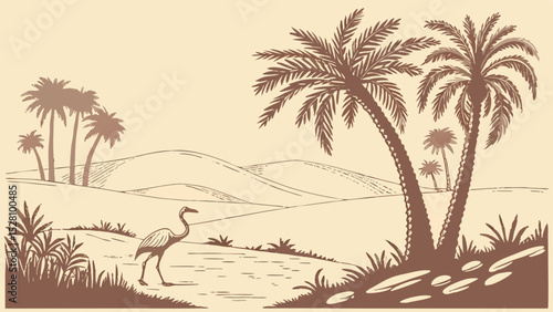 Desert oasis illusion: Pixel-art jungle floating above sand dunes. 16-bit style palm trees (limited 8 colors). Holographic glitch effects. Flat beige desert foreground. Digital mirage concept